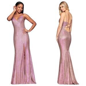Faviana Pink Metallic Slip Gown Open Back Slit Dress XS S